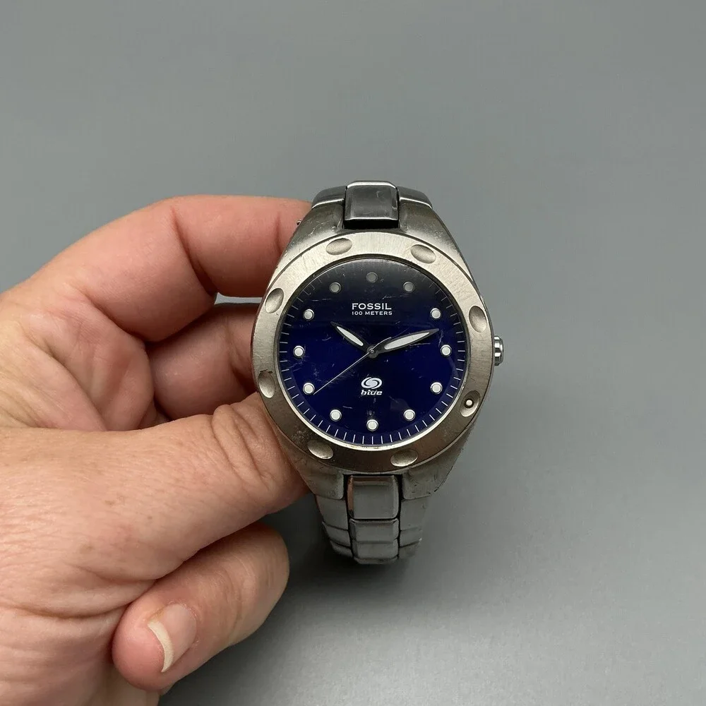 Fossil Blue AM-3319 Mens Watch 39mm Blue Dial Silver Tone New Battery 7